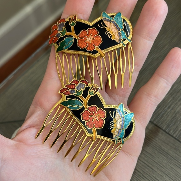 Vintage Cloisonné Butterfly Heart & Flower Hair Combs - Picture 16 of 16